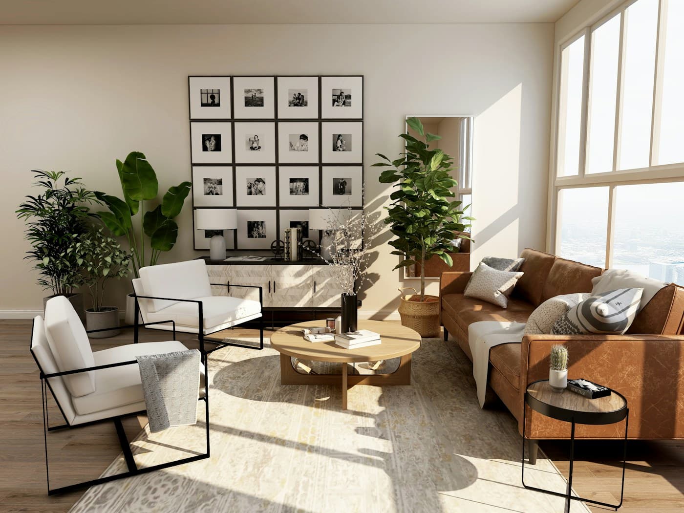 A warm interior with timber furniture and natural materials
